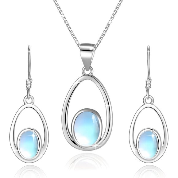 Opal Moonstone Jewelry Set 925 Sterling Silver Necklace and Earring for Women Op